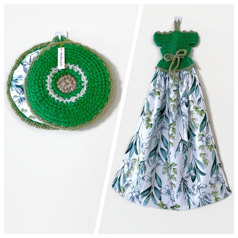 Tea Towel Pot Holder Set, Crochet Hanging Dish Towel, Crochet Pot Holders